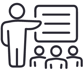 Line drawing of a person standing and pointing at a board with lines, while three seated figures face the board, representing a teaching or presentation scenario.